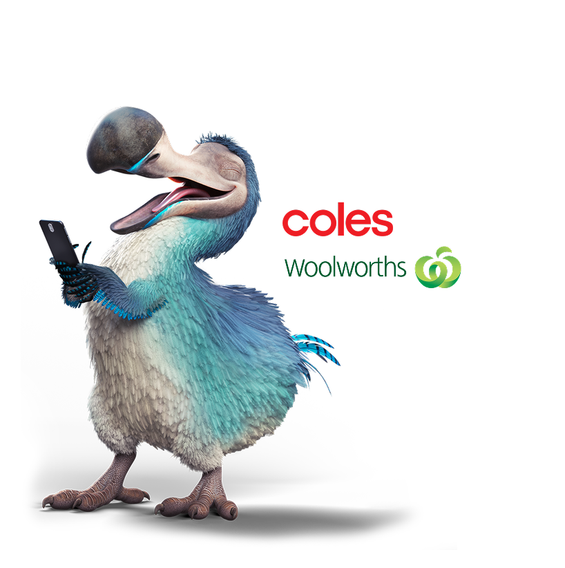 Dodo with a device, Coles and Woolworths logos behind him.