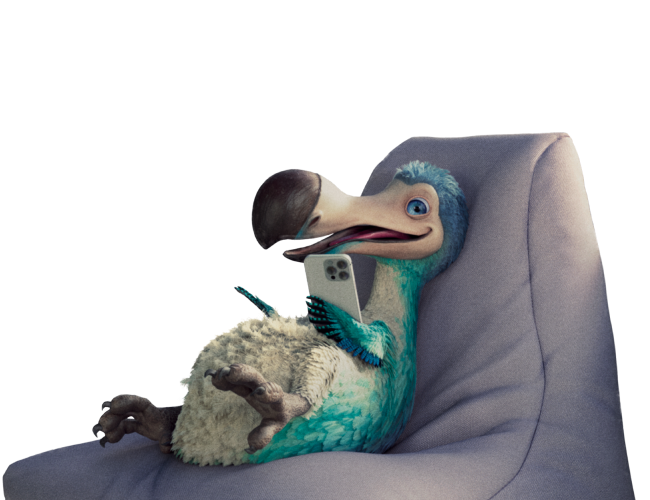 Dodo seated on a lounger using his phone.