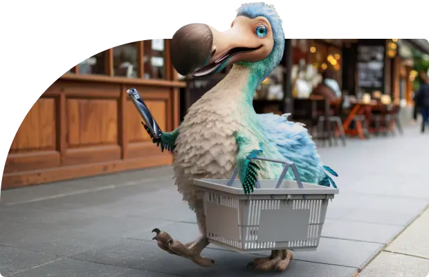 dodo shopping holding a mobile phone