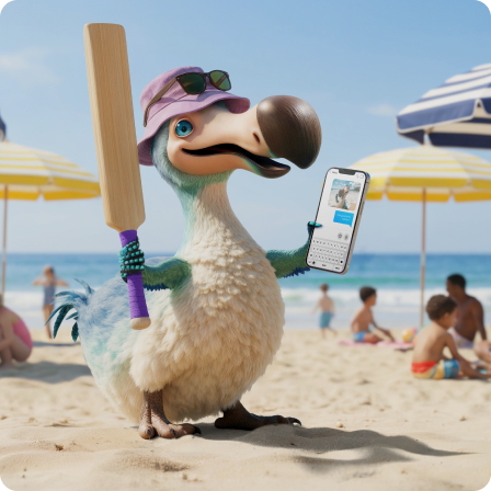 dodo playing cricket and holding the phone on the beach