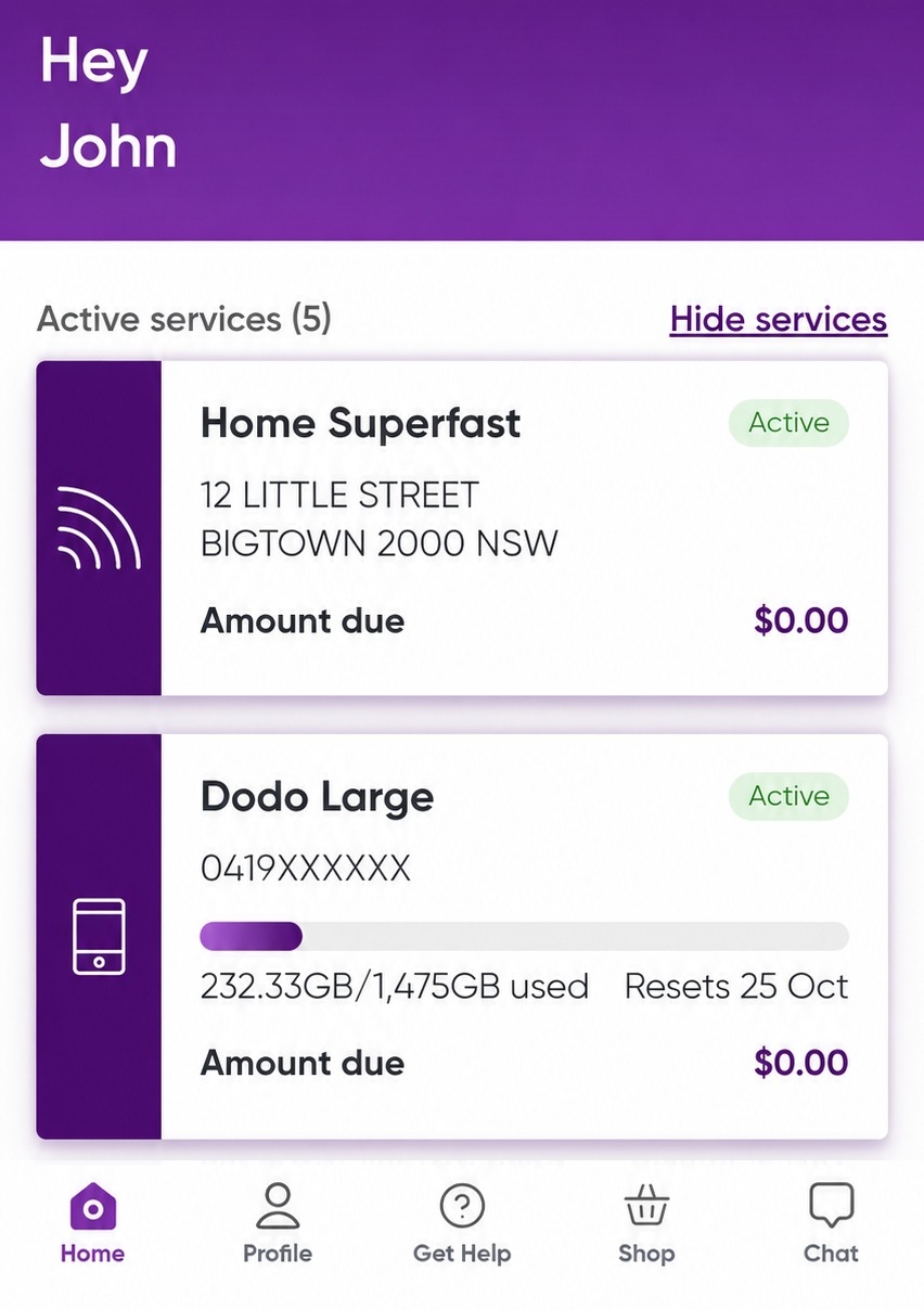 Dodo App home screen showing a list of services