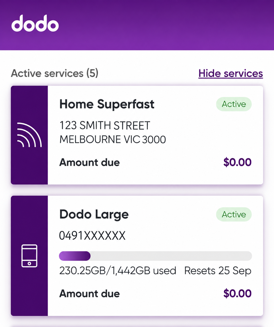 Home screen showing services