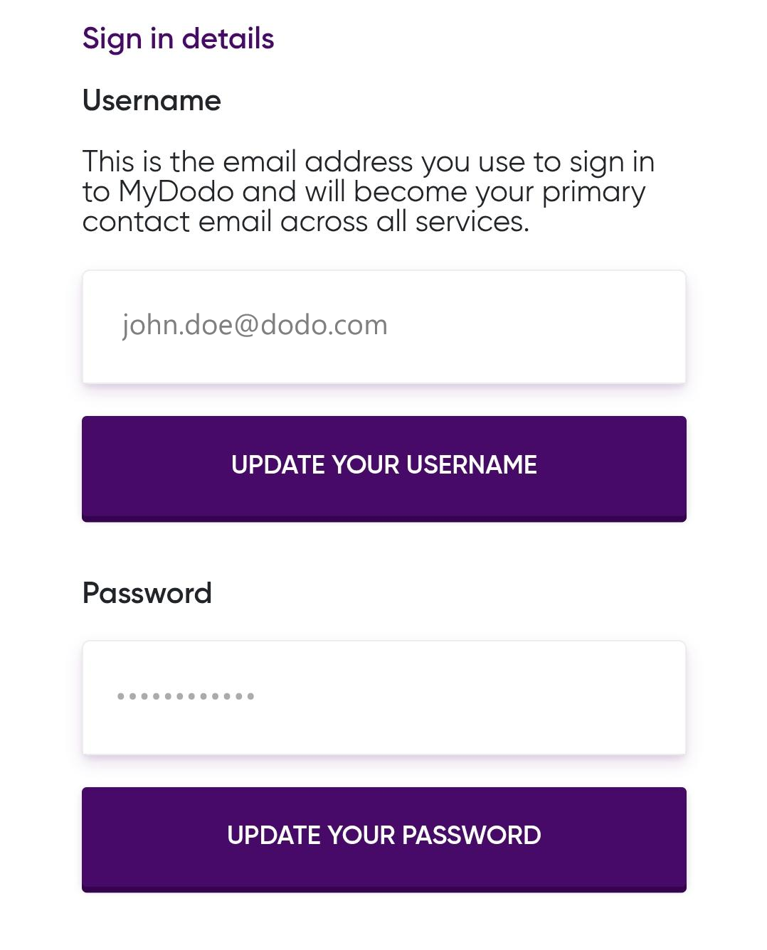 Image showing MyDodo ID Update options